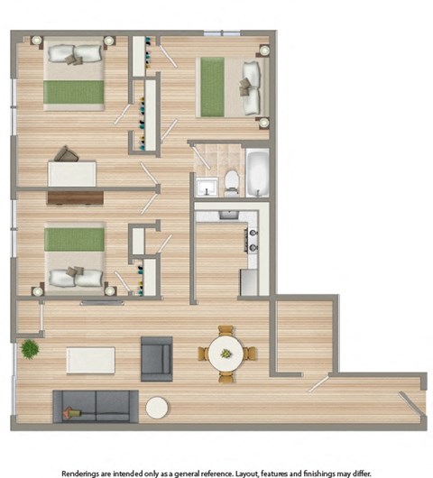 3 bedroom apartment floor plan rendering at washington view apartments in washington dc